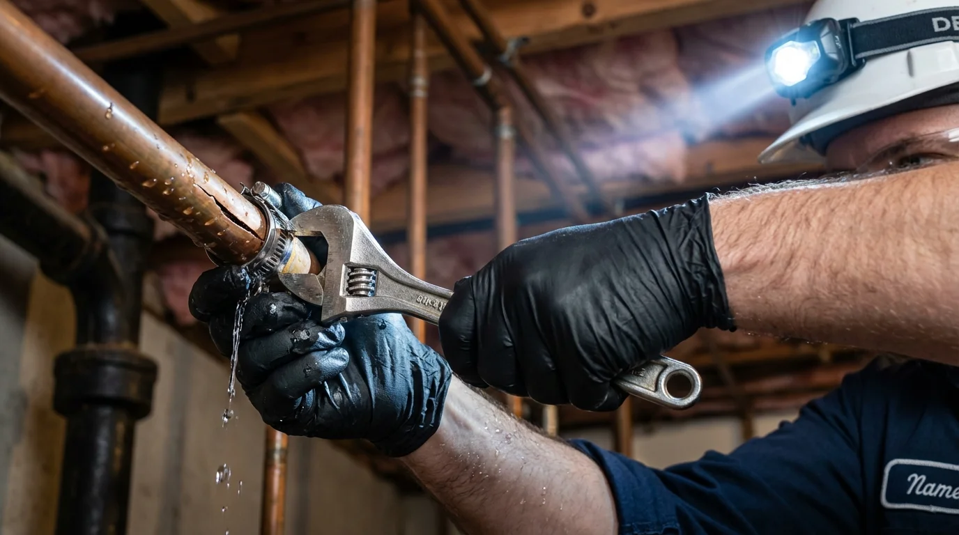 Emergency pipe clamp repair being performed by a Johns Plumbing LLC plumber in National City