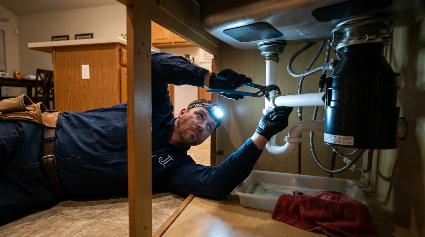 P-trap and supply line connections under a kitchen sink showing a common leak point in National City, CA